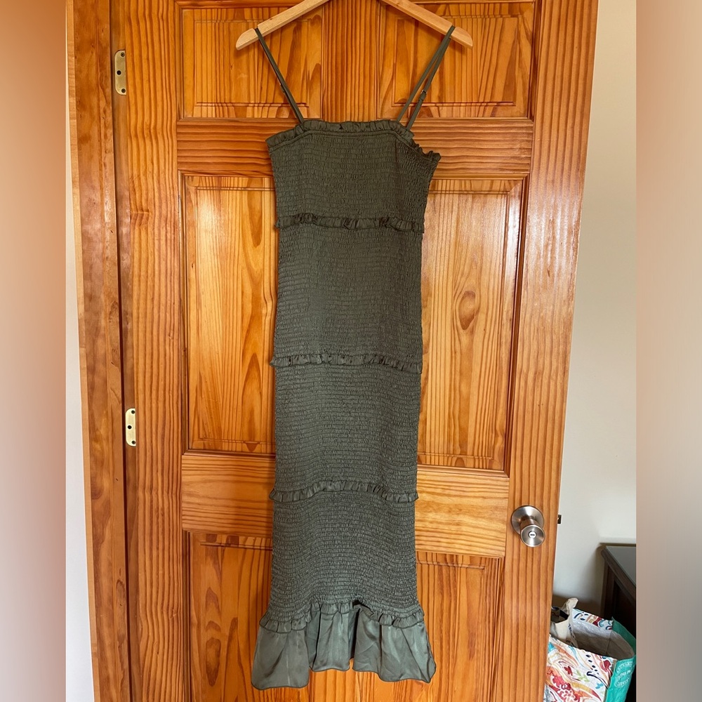 PinkBlush Mable Olive Green Smocked Ruffle Fitted Midi Dress - Picture 4 of 7